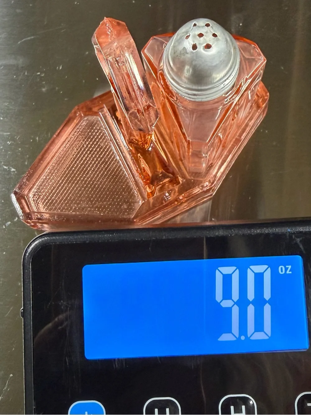 Vintage Pink Depression Glass Condiment Caddy Stand & Single Shaker Art Deco